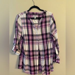 Woman’s size 1 purple plaid roll tab sleeves shirt from Croft and Barrow